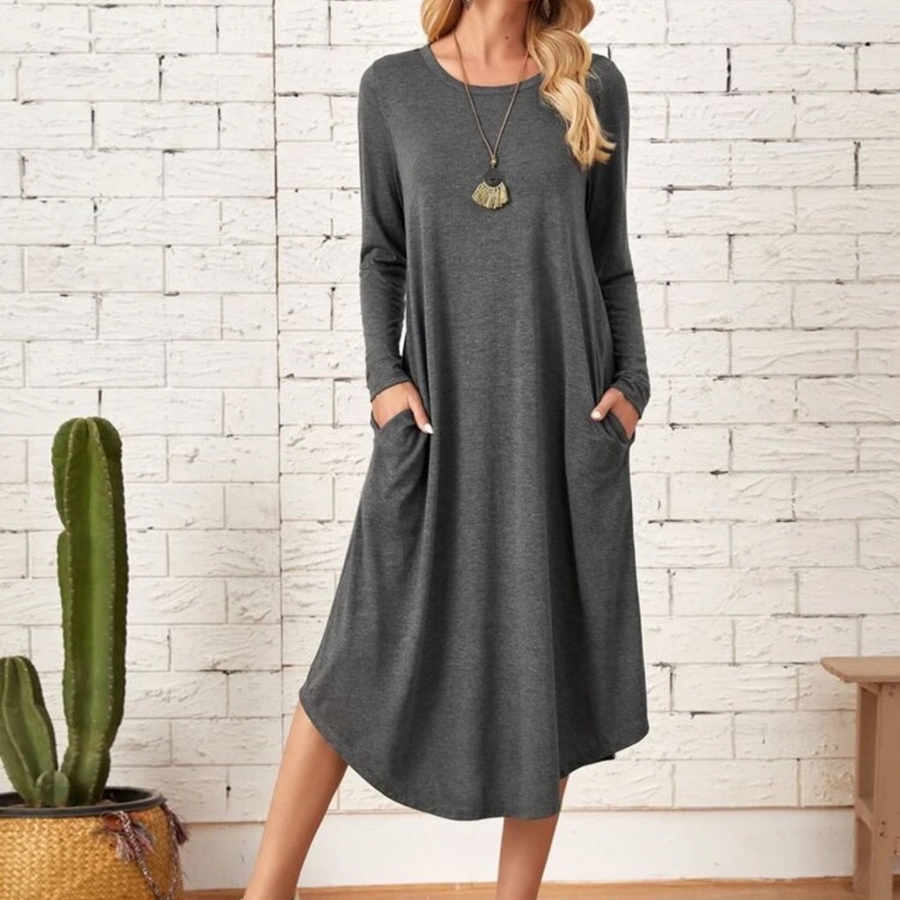 Long sleeve curved hem midi dress POCKETS blue - Picture 3 of 8